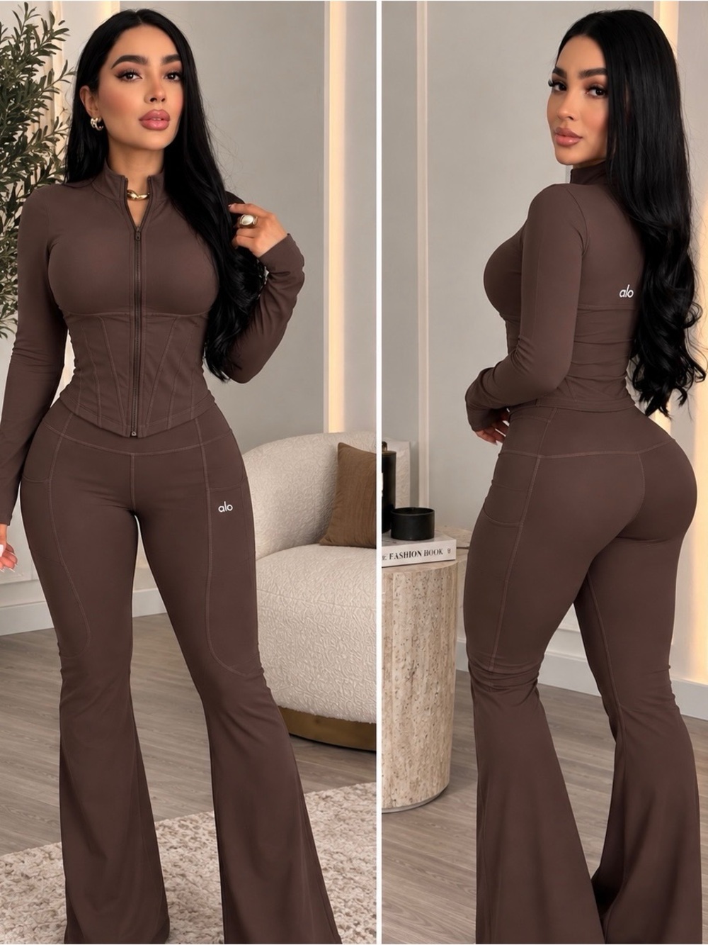 ALO Yoga Brown High-Waist Flare Leggings with Zip-Up Corset Top